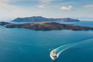 Ferry arrives at the port of Santorini Island, Greece.