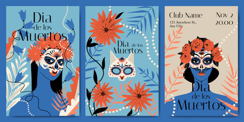 Mexican day of the dead party invitation card set with girls with carnival masks, flowers and cat skull