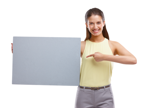 Isolated business woman, pointing and poster with smile, mockup space and review by transparent png background. Entrepreneur, manager and portrait with paper billboard, feedback and promo for choice