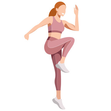 vector realistic image of a slim girl in a sports uniform (leggings and a sports bra) is engaged in fitness, sports, training, isolated on a white background. the girl is engaged in aerobics, jumping.