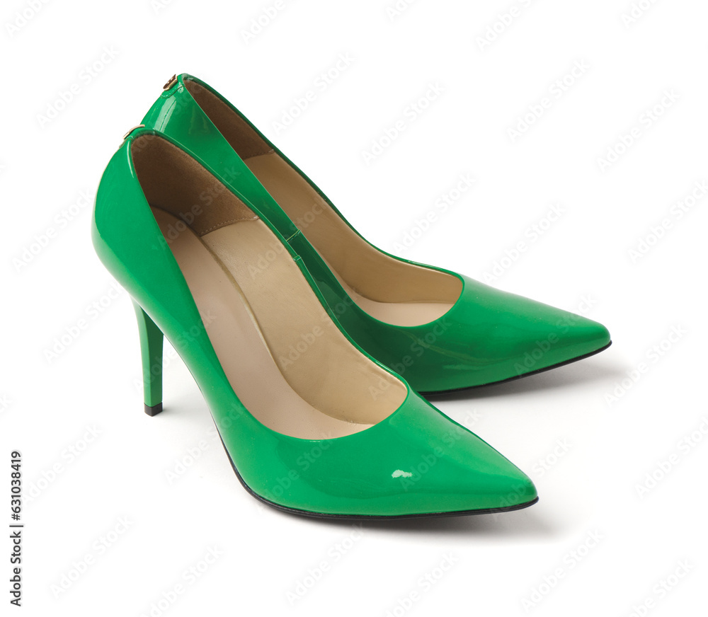 Wall mural elegant women's summer leather green patent leather stilettos. a new pair of shoes on a white backgr