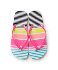 Colorful beach summer women's slippers with colorful stripes. A new pair of shoes on a white background.