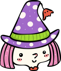Cute Playful Halloween witch Costume Kid Doodle. Adorable Spooky Character outline.