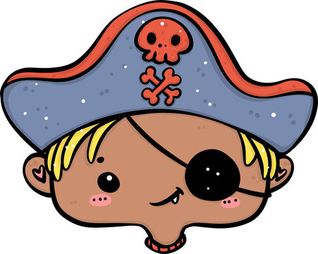 Cute Playful Halloween Pirate Costume Kid face Doodle. Adorable Spooky Character.