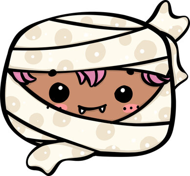 Cute Playful Halloween mummy Costume Kid Doodle. Adorable Spooky Character outline.