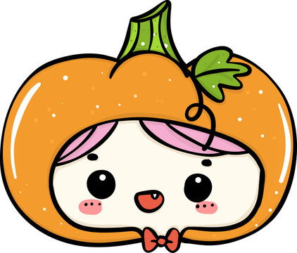 Cute Playful Halloween pumpkin Costume Kid Doodle. Adorable Spooky Character outline.