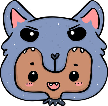 Cute Playful Halloween wolf Costume Kid Doodle. Adorable Spooky Character outline.