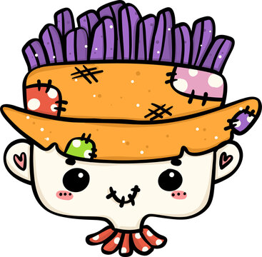 Cute Playful Halloween Scarecrow Costume Kid Doodle. Adorable Spooky Character outline.