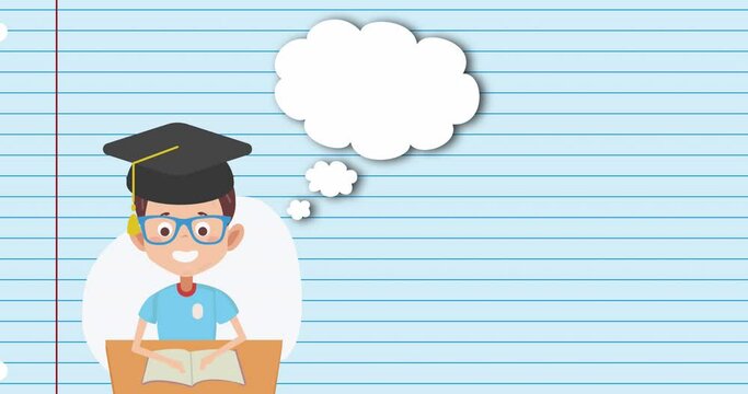 Animation of cartoon of boy wearing mortarboard and reading book with dialogue box over book page