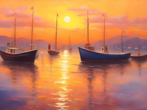 Sailing boats on the sea at sunset. Seascape in the style of impressionism.