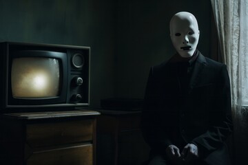 a man in a mask is sitting in a room. halloween horror movie generative ai.