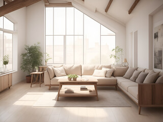 Fototapeta na wymiar Living Room Interior Design Loft Style and Sofa and Wood Table. Modern Minimalist Living Room Interior in Warm Tone