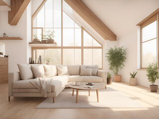 Living Room Interior Design Loft Style and Beige Sofa and Wood Table. Modern Minimalist Living Room Interior in Warm Tone