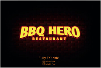 Glowing neon BBQ logo restaurant icon on a dark brick wall background. Light effect hot beverage or cafe sign. Vector illustration