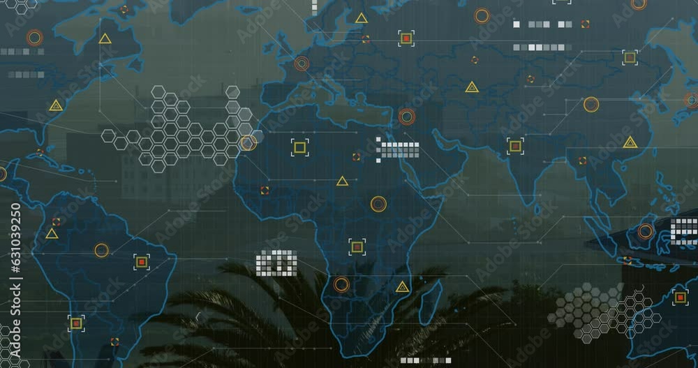 Poster animation of circuit board pattern on map over aerial view of fog covered modern city