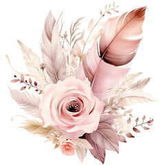 Watercolor boho feather with beige-pink flowers isolated on transparent background. Generative AI