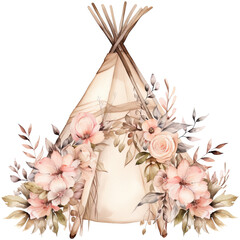 Watercolor boho wigwam with beige-pink flowers isolated on transparent background. Generative AI