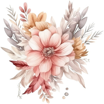 Watercolor boho illustration beige-pink flowers isolated on transparent background. Generative AI