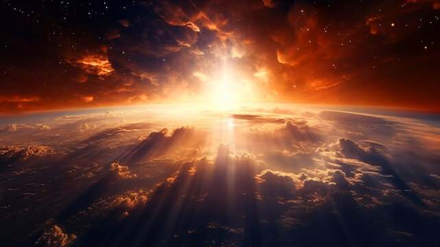 "In the beginning God created the heavens and the earth" Genesis 1:1. Beautiful sunrise above the planet