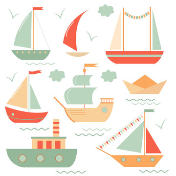 vector color set of children's elements sea transport with clouds, seagulls and waves