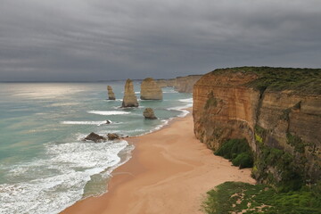 The Twelve Apostles sea stacks as seen from the viewpoint on a cloudy evening. Victoria-Australia-803+