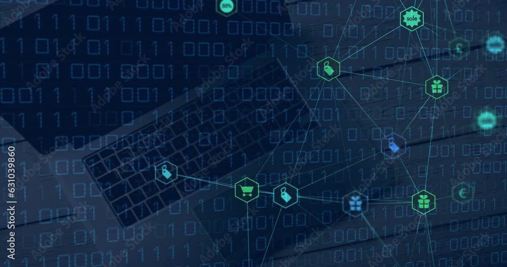 Poster animation of connected icons and looping binary codes, overhead view of laptop on wooden table