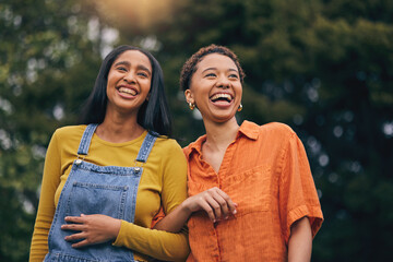 Happy, walk and girl friends in park with laugh and funny joke with bonding and gossip outdoor. Gen...