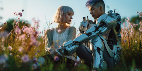 two cyborgs in love sit in the grass and talk to each other - obrazy, fototapety, plakaty