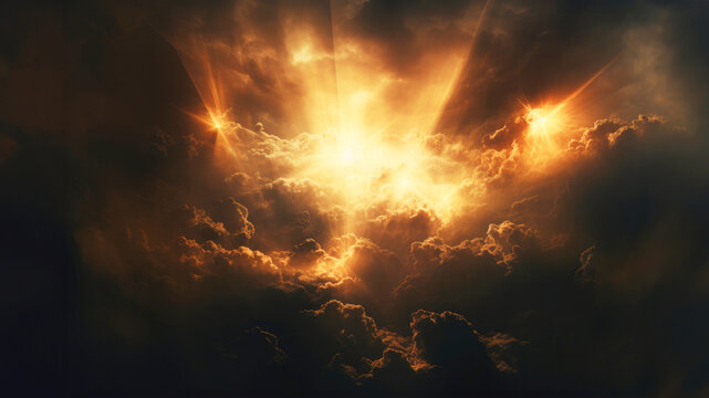 "In the beginning God created the heavens and the earth" Genesis 1:1. Background with clouds and rays of light