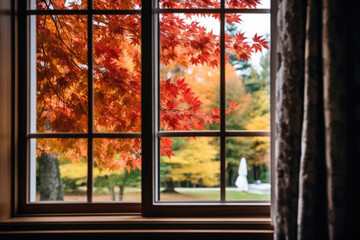 window with autumn leaves
