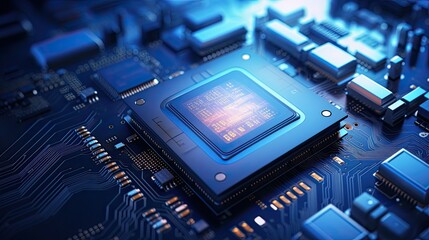 Fototapeta premium Close - up of modern computer micro chip in blue light