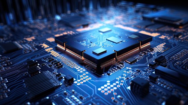 Close - up of modern computer micro chip in blue light