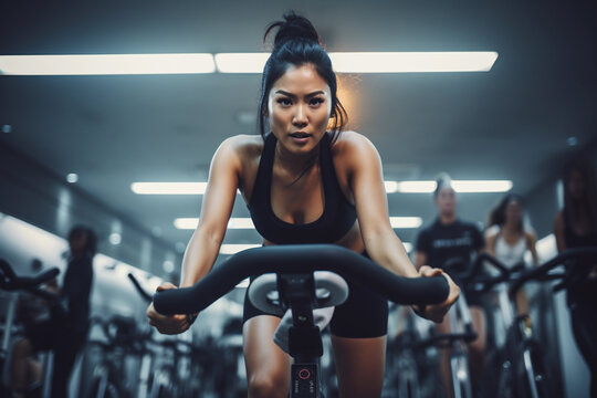 Asian woman in sportive activewear training on bike in spin class at gym