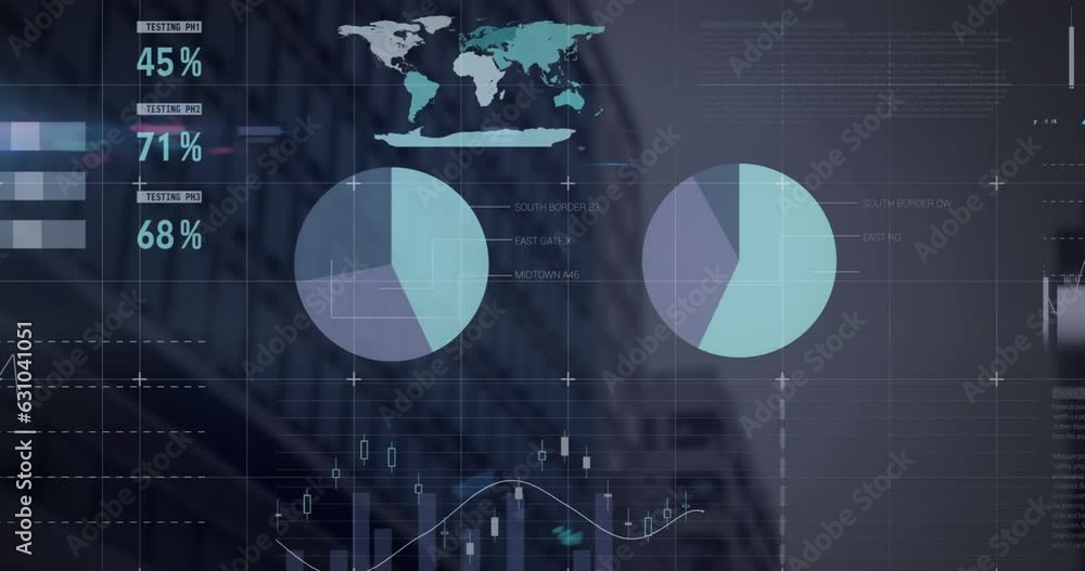 Poster animation of infographic interface over low angle view of modern building against sky