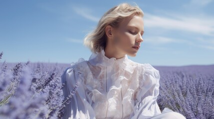 Art of Elegance, Sophisticated Couture Displayed in a Liminal Lavender Space under Dramatic Light, generative ai.	