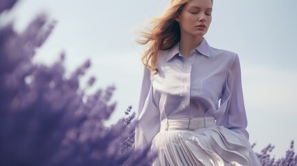 Art of Elegance, Sophisticated Couture Displayed in a Liminal Lavender Space under Dramatic Light, generative ai.	