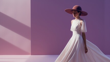 Art of Elegance, Sophisticated Couture Displayed in a Liminal Lavender Space under Dramatic Light, generative ai.	