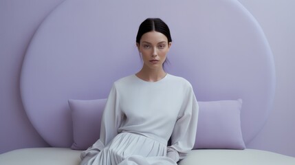 Art of Elegance, Sophisticated Couture Displayed in a Liminal Lavender Space under Dramatic Light, generative ai.	