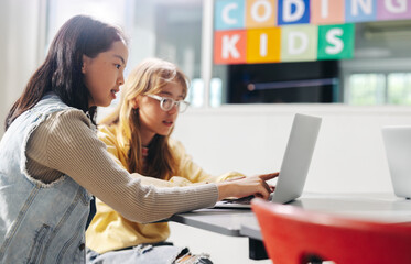 Computer-based learning for kids: Two girls assisting each other as they learn digital literacy and...