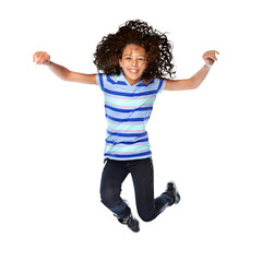 Happy, jump and portrait of girl child with energy, celebration or positive personality. Happiness,...