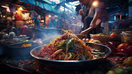 Top view of a Thai street food ,The market in Thailand is full of food. And will sell on the...