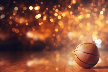 Marketing illustration of a basketball ball on a glitter background.