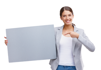 Isolated business woman, point and poster with smile, mockup space and promo by transparent png background. Entrepreneur, manager and portrait with paper billboard for media, advertising and choice