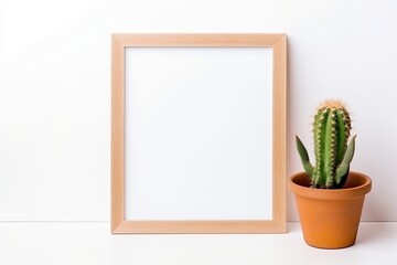 Empty picture frame wooden square shape with cactus on a white background