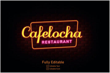 Glowing neon logo restaurant icon on a dark brick wall background. Light effect hot beverage or cafe sign. Vector illustration