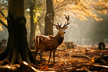 Deer with a big horns looking back.King of the forest.