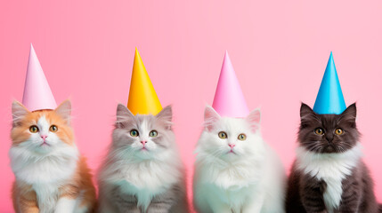 Group of four kittens wearing birthday party hats on the pink background