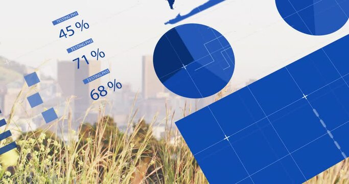Animation of infographic interface over close-up of grass against modern cityscape