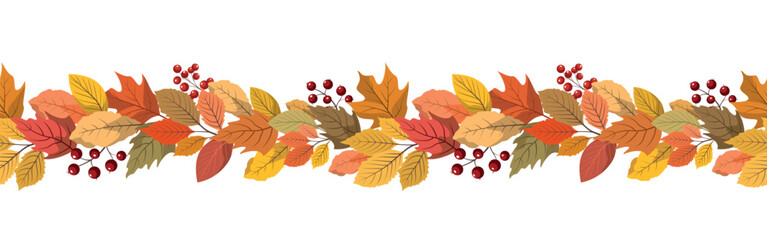 Autumn forest leaves and berries horizontal seamless border. Great design for Thanksgiving day, harvest holiday. Isolated on white background.