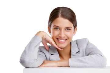 Business woman, happy portrait and relax with creative career and project mindset isolated on transparent, png background. Face of young professional person, worker or employee smile for opportunity